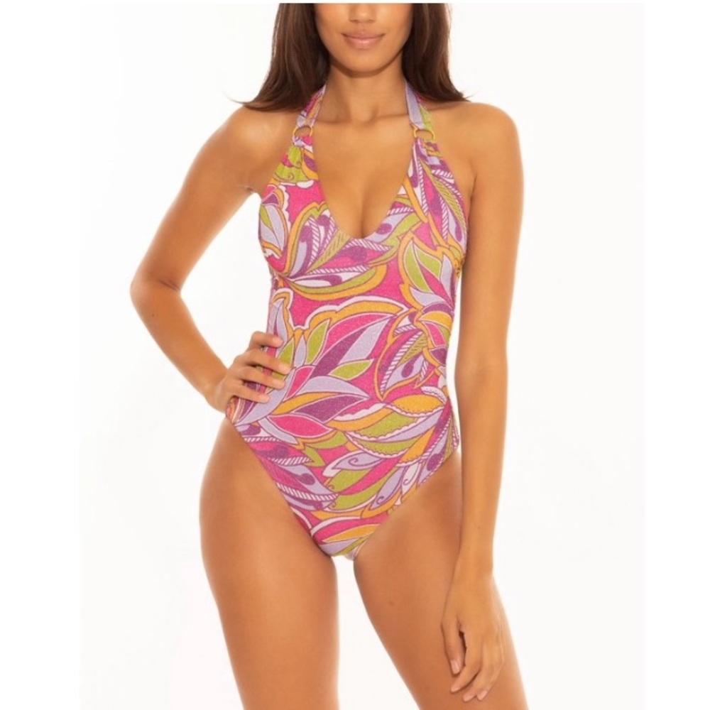 NWT Becca by Rebecca Virtue MULTI Psychedelic Halter One-Piece Swimsuit